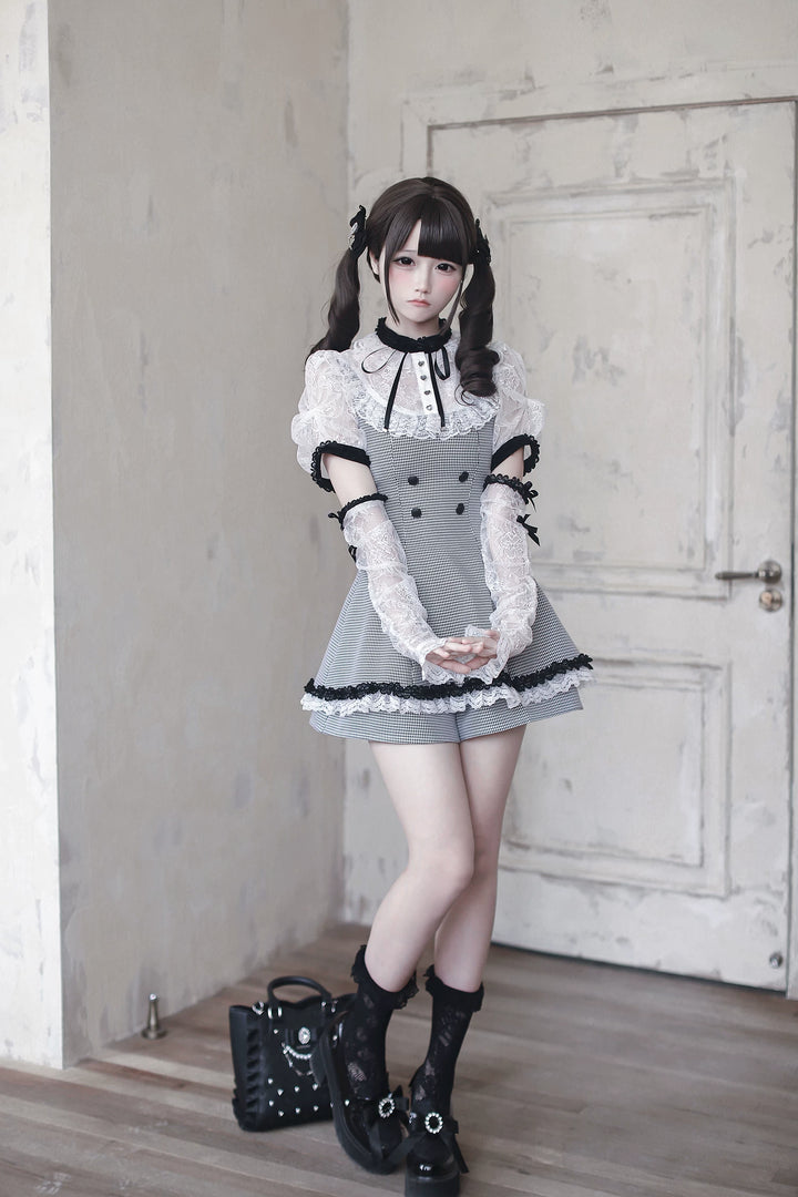 Jirai Kei Houndstooth Pattern Dress, Lace & Detachable Sleeves 44922:828276