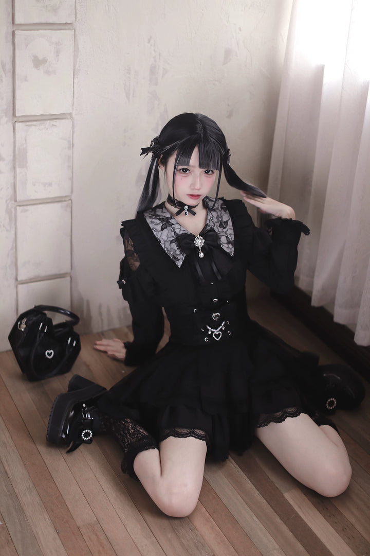 High-waist Jirai Kei Skirt, Pearl & Rhinestone Accents 44782:826696