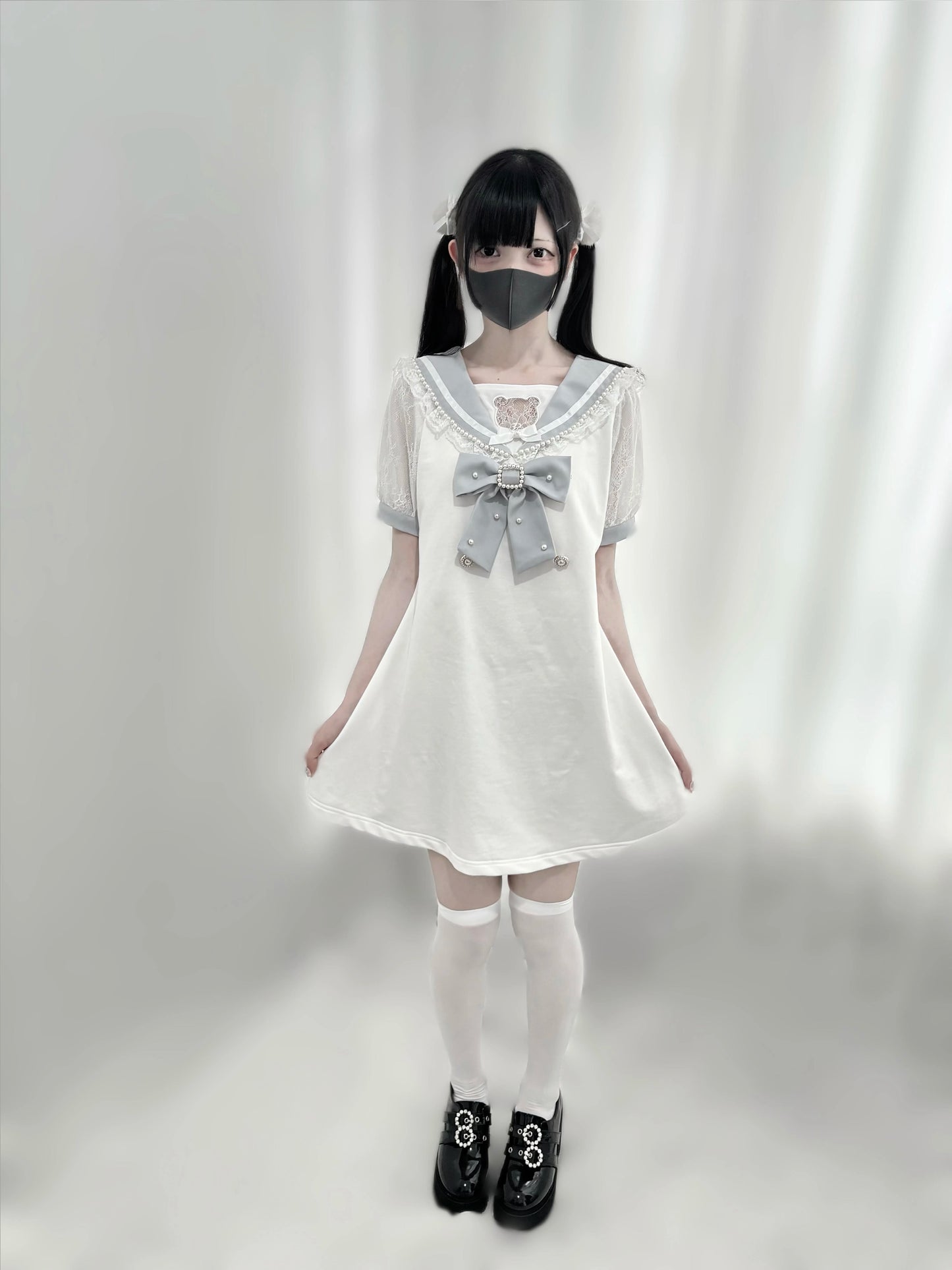 Jirai Kei Dress Pearl Embroidered Dress Short Sleeve Dress 37648:568066