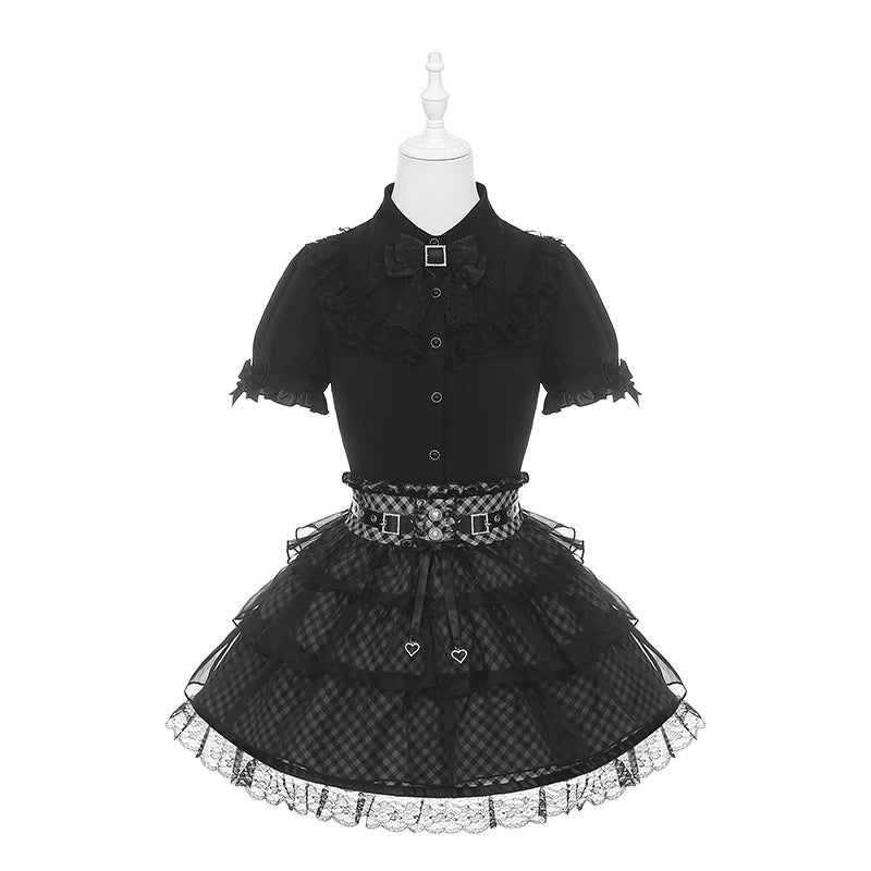 Jirai Kei Black Blouse and Plaid Skirt Set, Tulle Overlay 45572:855466