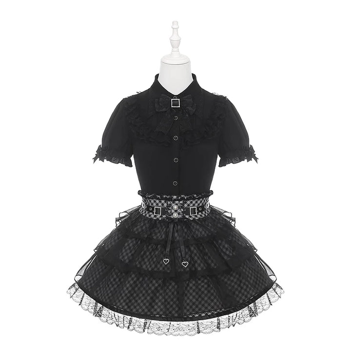 Jirai Kei Black Blouse and Plaid Skirt Set, Tulle Overlay 45572:855466