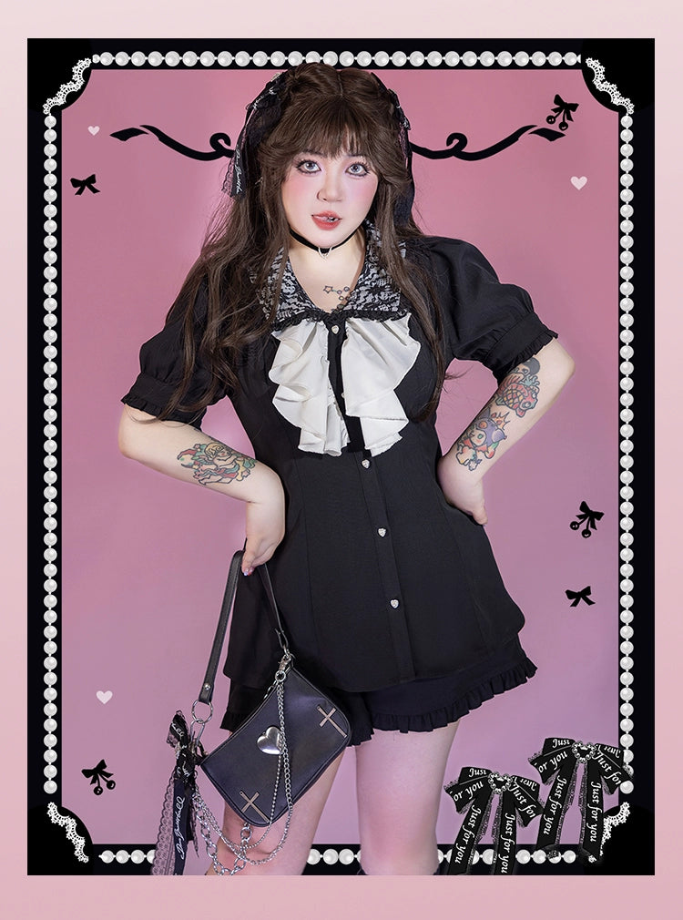 Plus Size Jirai Kei Blouse Short Sets Pink Black Full Set 21886:317274