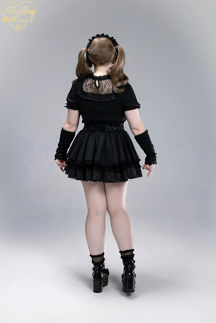 Striped High Waist Jirai Kei Skirt, Detachable Bow 43679:785982