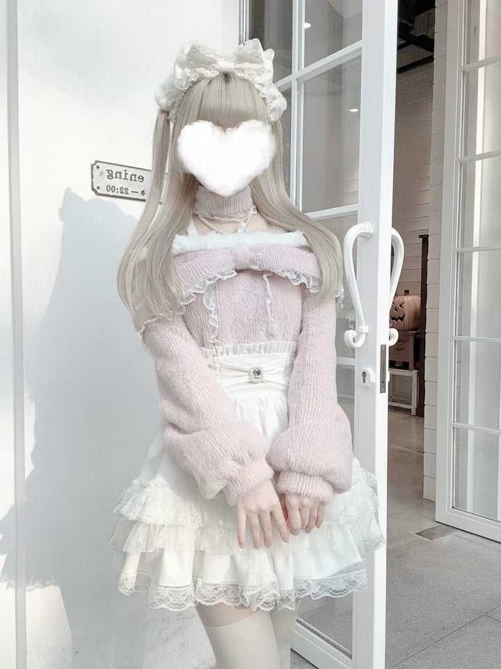 Open-Shoulder Plush Top, Choker with Pearl-Like Chain 44114:801544