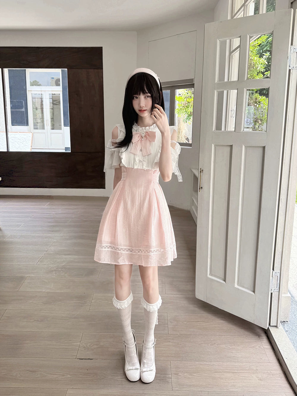Ryousangata Lace Open Shoulder Dress, Pink & White 45751:863624