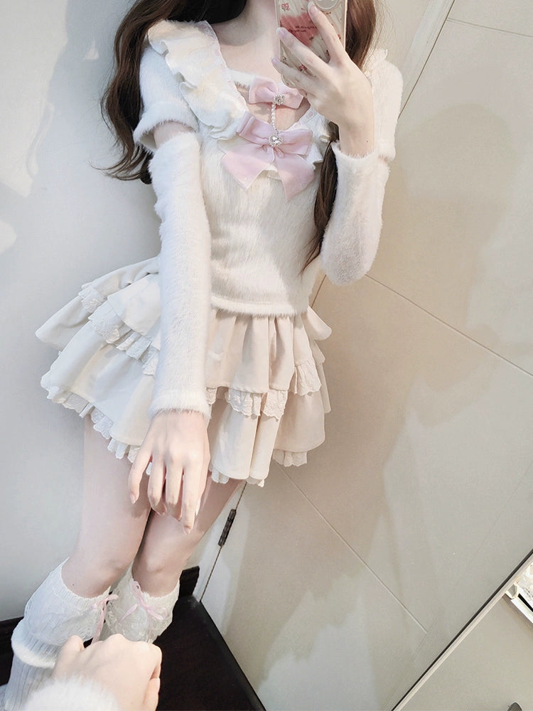 Sweet Kawaii White Sweater Cake Skirt Set 41556:703718