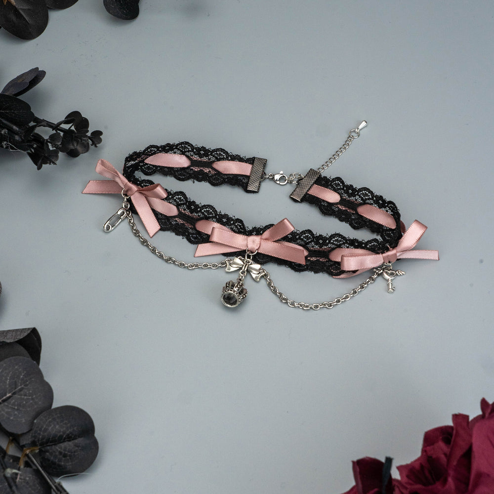 Jirai Kei Black Pink Choker Lace Beaded Chain 21552:308810 21552:308810