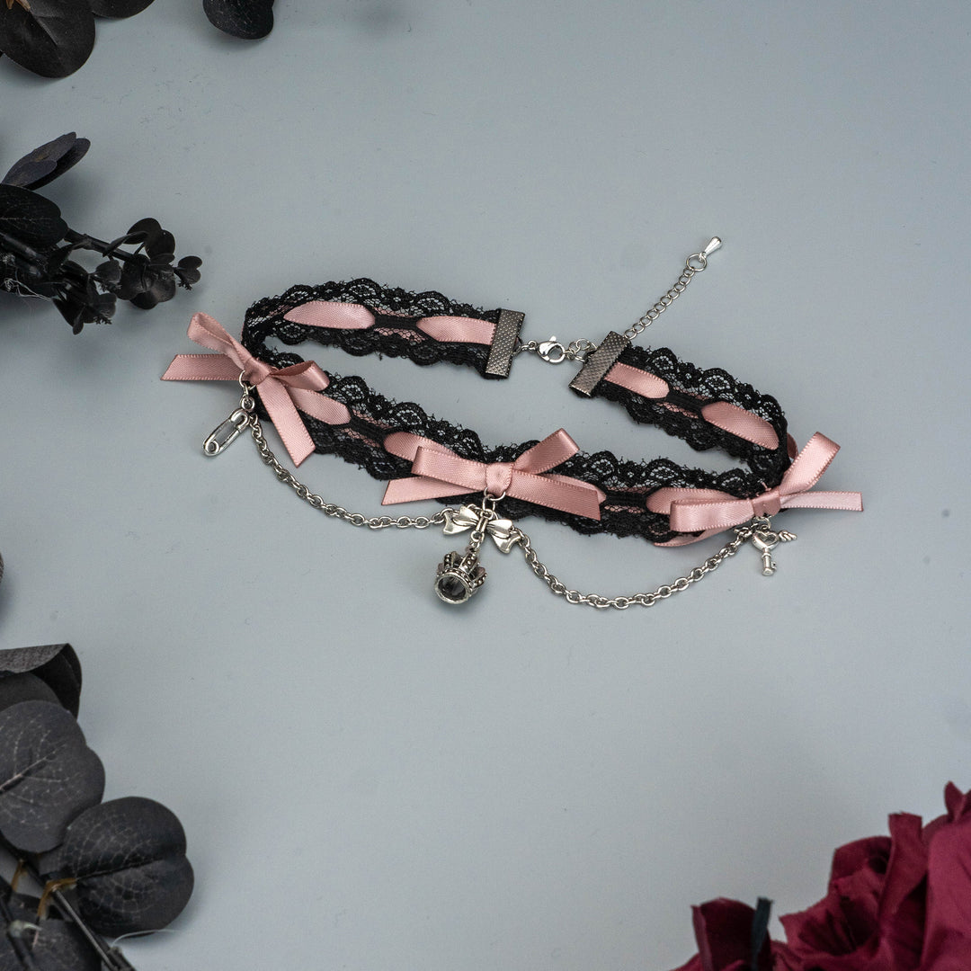 Jirai Kei Black Pink Choker Lace Beaded Chain 21552:308810