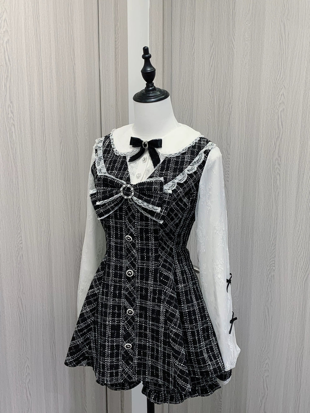 Jirai Kei Dress Black White Check Double Layer Sleeves Short Set 40140:658046