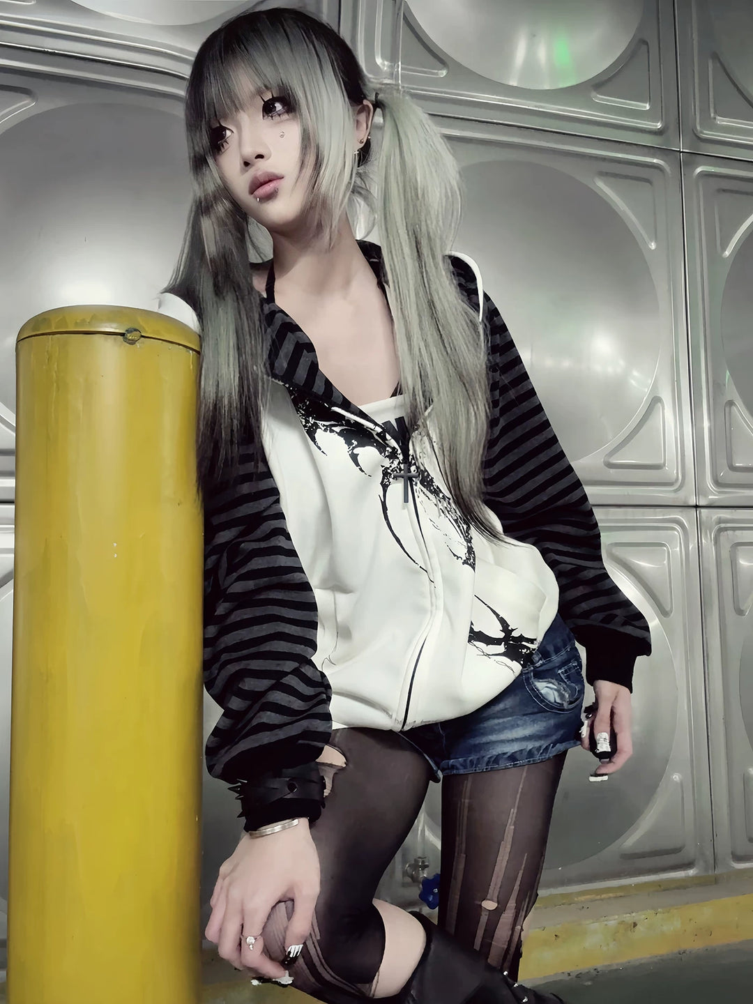 Subculture Hooded Scythe Print Coat, Side Pocket 45269:844171