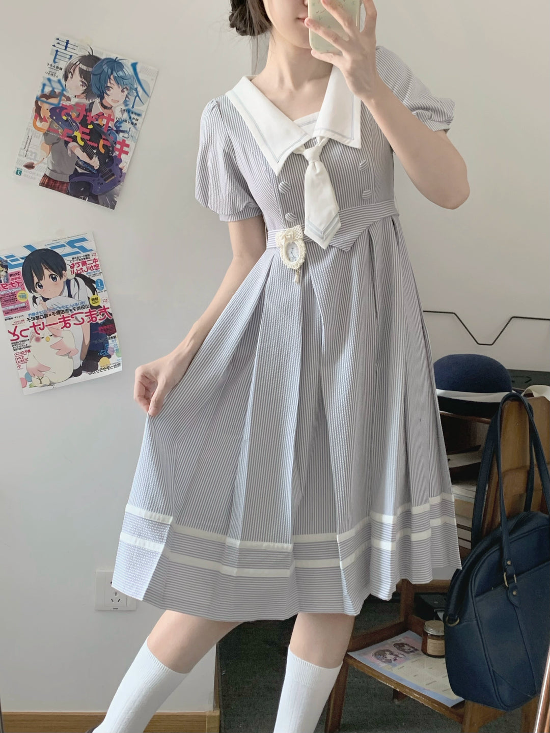 Summer JK Uniform Striped Dress, Sailor Collar 43627:781368