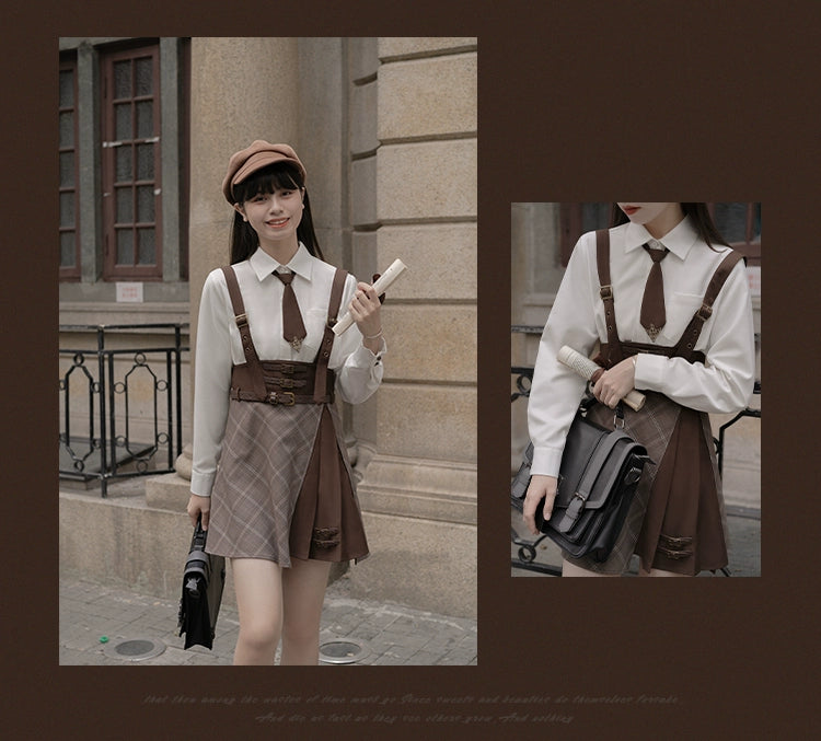 Preppy Style Brown Jacket Blouse Skirt Set 29528:350382