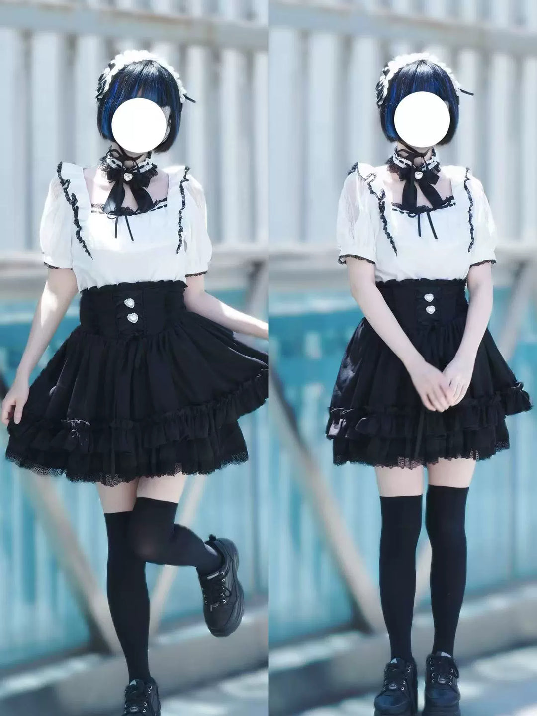 Black / White Jirai Kei Blouse + High-Waisted Skirt 43001:778900