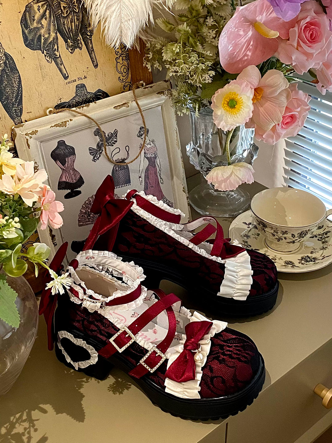 Classic Lolita Mary Jane Shoes, Lace Tulle & Ribbon Bow 46012:873462