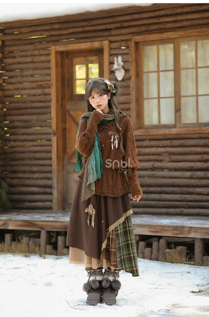 Mori Kei Stand-Collar Sweater, Irregular Plaid Skirt 44214:803848