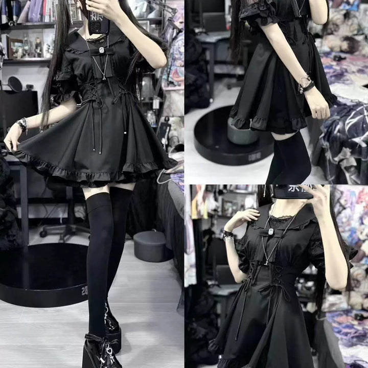 Jirai Kei Dress Sailor Collar Black Dress Slim Fitting Dress Set 38730:599290