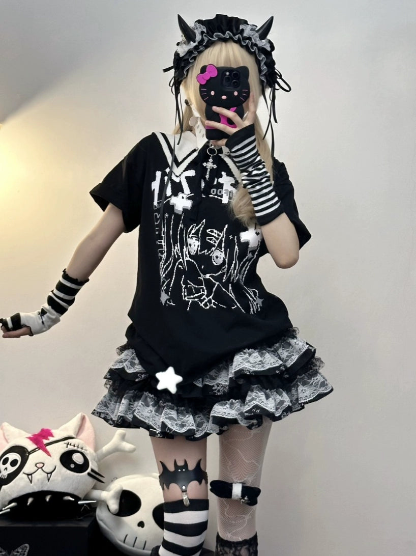 Jirai Kei Blouse Anime Top Sailor Collar Short Sleeve Top 36586:558654 36586:558654