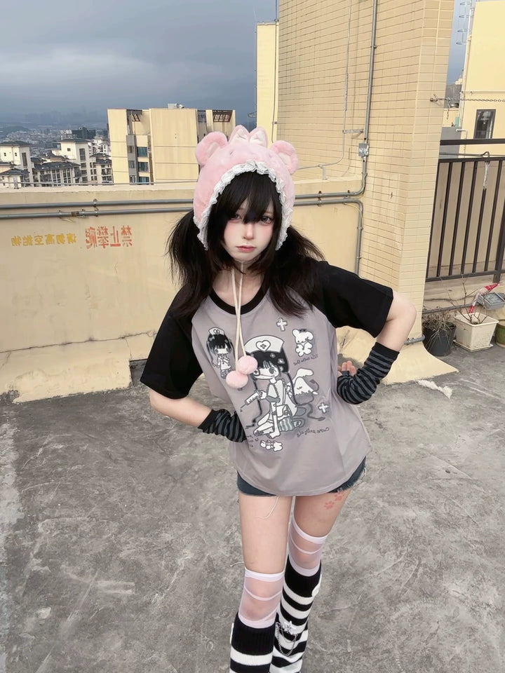 Yami Kawaii Cotton T-Shirt with Angelic Nurse Print 42852:755349