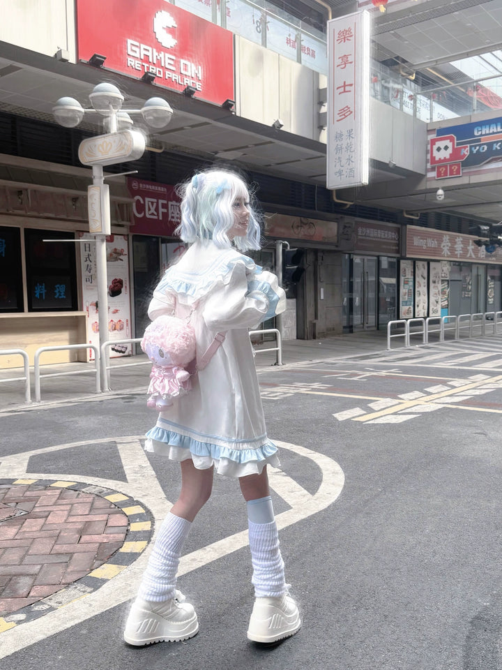 Yami Kawaii Blue White Dress with Sailor Collar & Cross Spiderweb Print 42855:758669