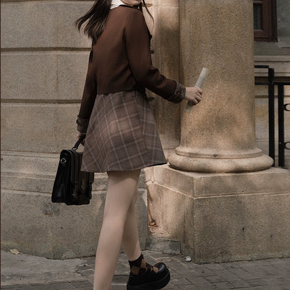 Preppy Style Brown Jacket Blouse Skirt Set 29528:350370