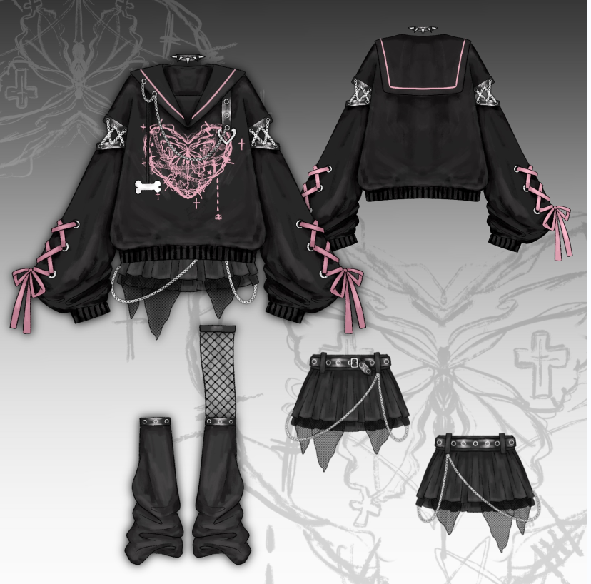 Jirai Kei Outfit Set Gothic Sailor Collar Sweatshirt Set 35762:517380