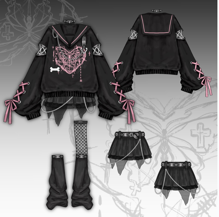 Jirai Kei Outfit Set Gothic Sailor Collar Sweatshirt Set 35762:517380 35762:517380