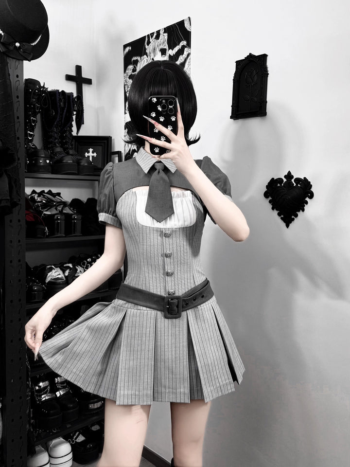 Jirai Kei Gray Striped Dress, Puff Sleeve Bolero 44808:829274