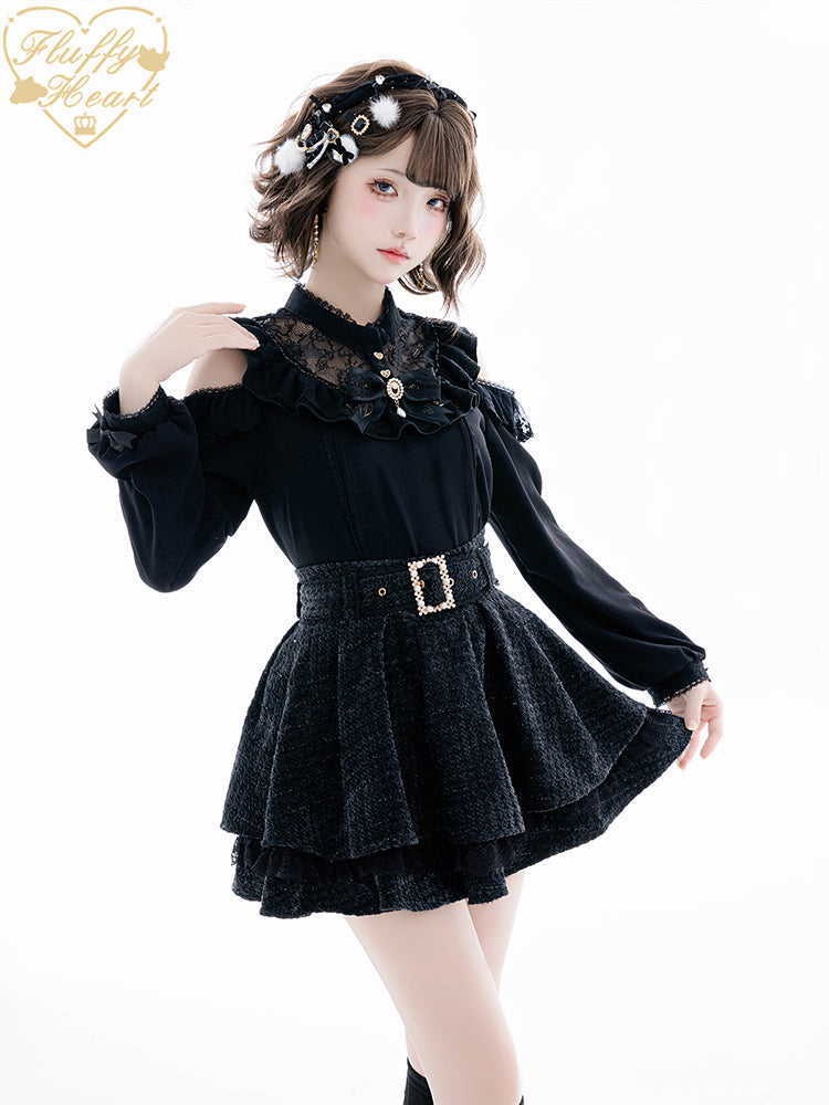 Lace Off-Shoulder Jirai Kei Blouse With Bow Brooch 41684:710464