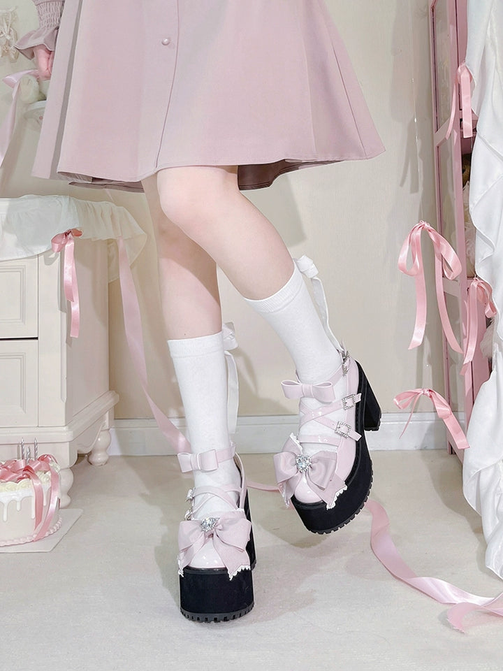 Jirai Kei Shoes Bow High-heeled Platform Ryousangata Shoes 38040:594282