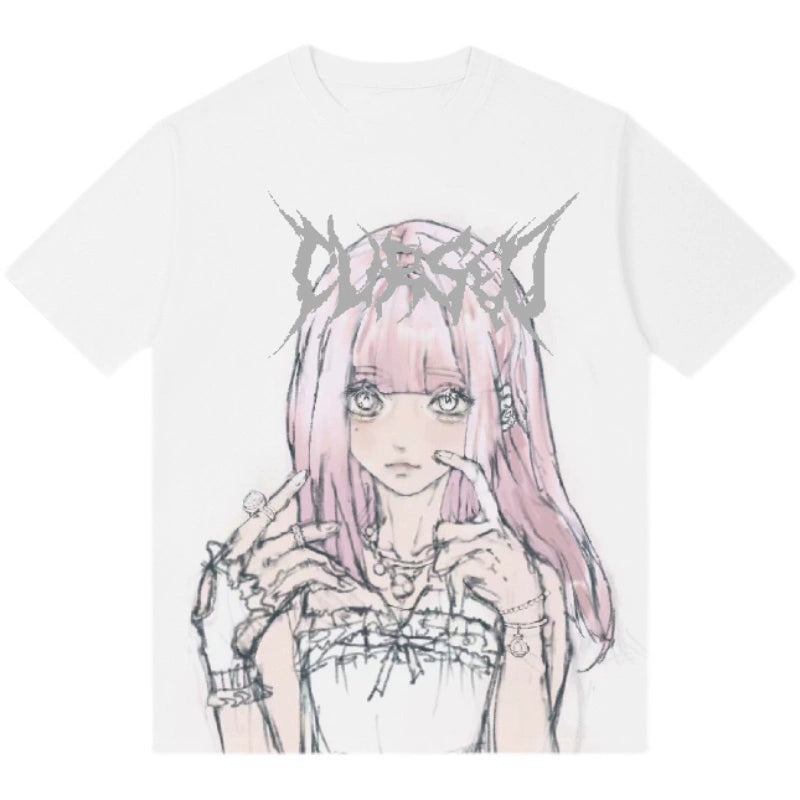Jirai Kei Short Sleeve T-shirt Anime Print Top (L M S XL / White) 37576:575332