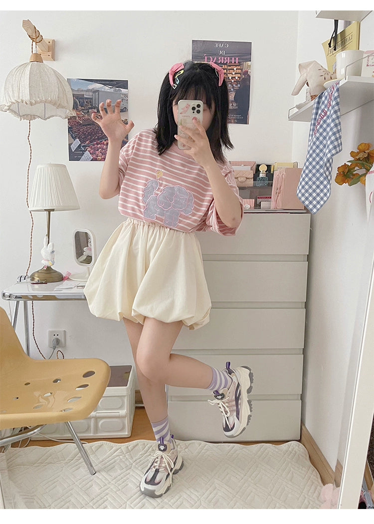 Kawaii Aesthetic Shirt Striped Short Sleeve Cotton Top 36562:518504