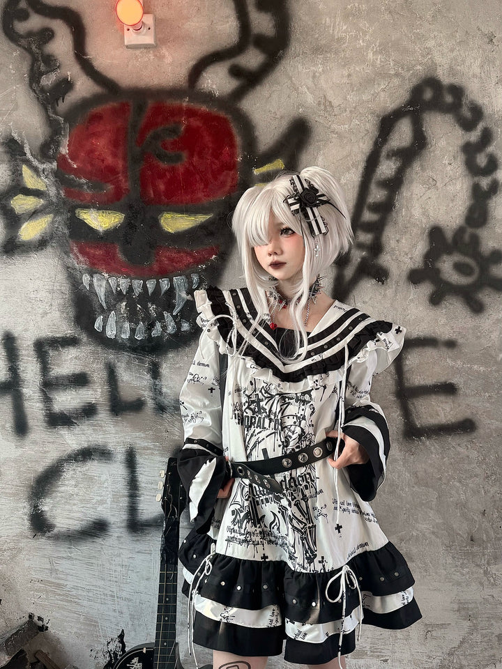 Yami Kawaii Sailor Collar Dress with Grommet Belt & Skull Prints 42856:755590