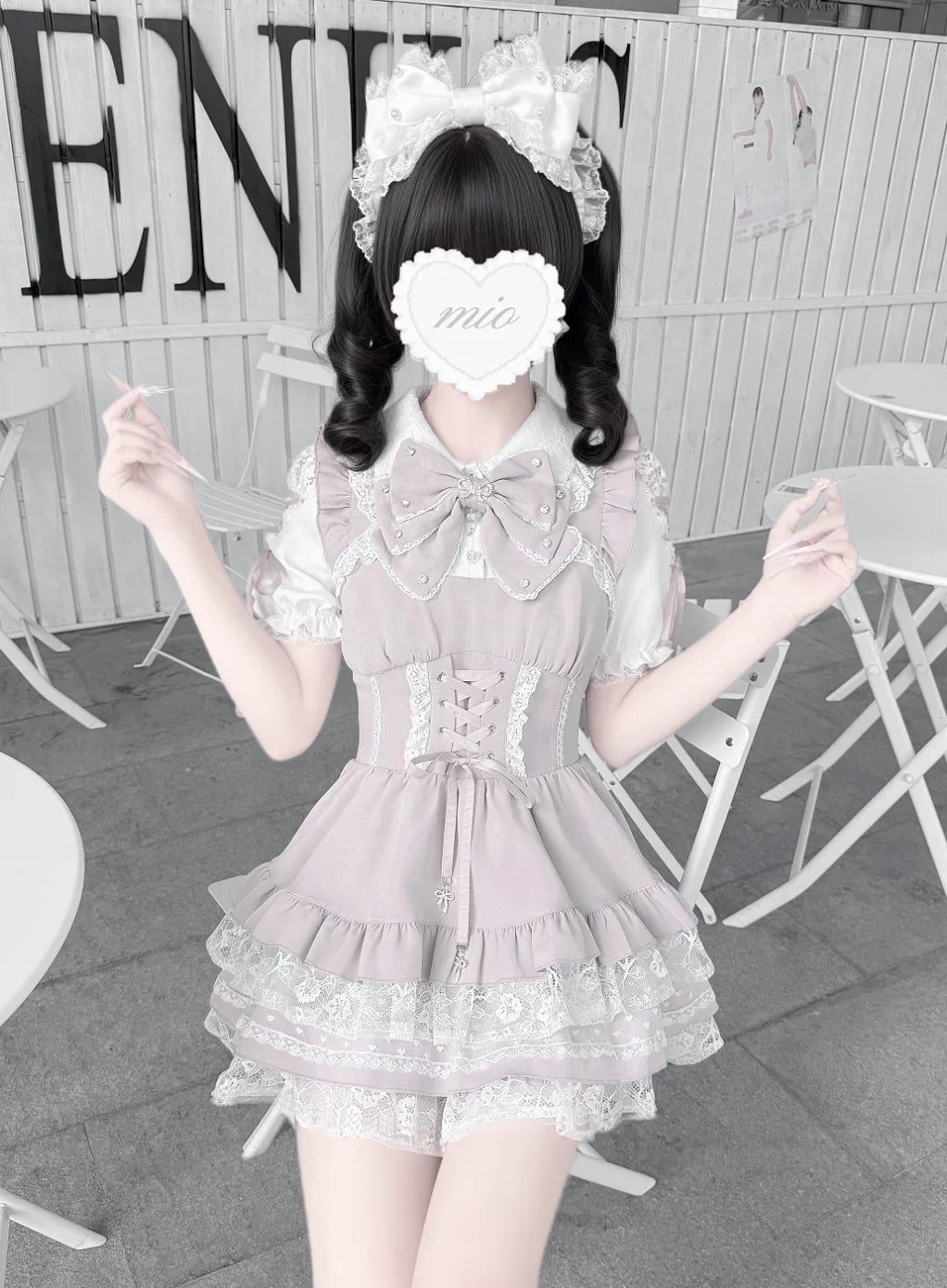 Jirai Kei Lace Plaid Dress Set, Detachable Rhinestone Bow 45700:860699