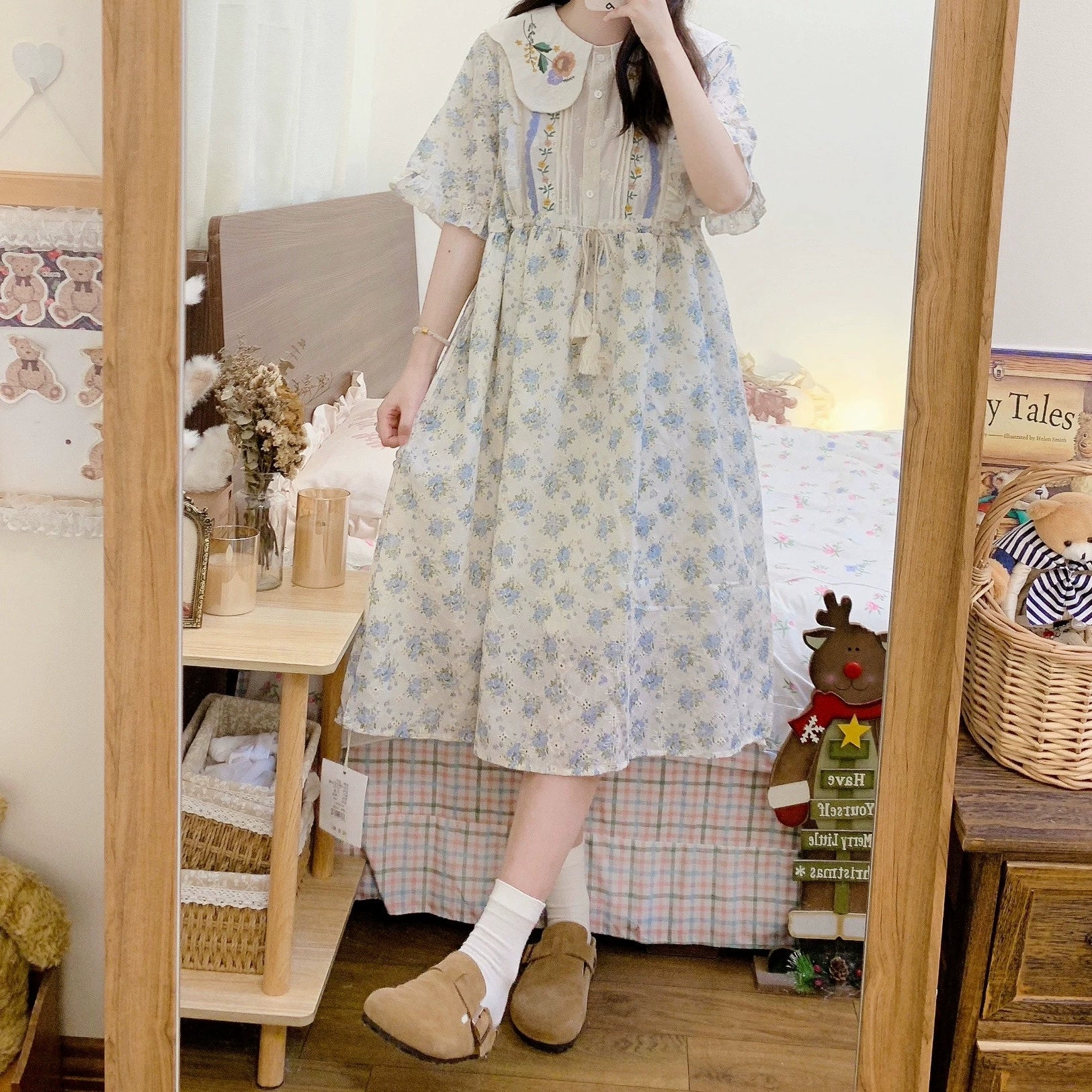Cottagecore Dress Mori Kei Dress Blue Floral Dress 36236:526712