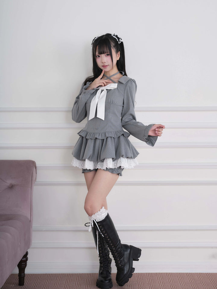 Ryousangata Plaid/Striped Dress & Shorts Set, Chest Big Bow 46031:873227
