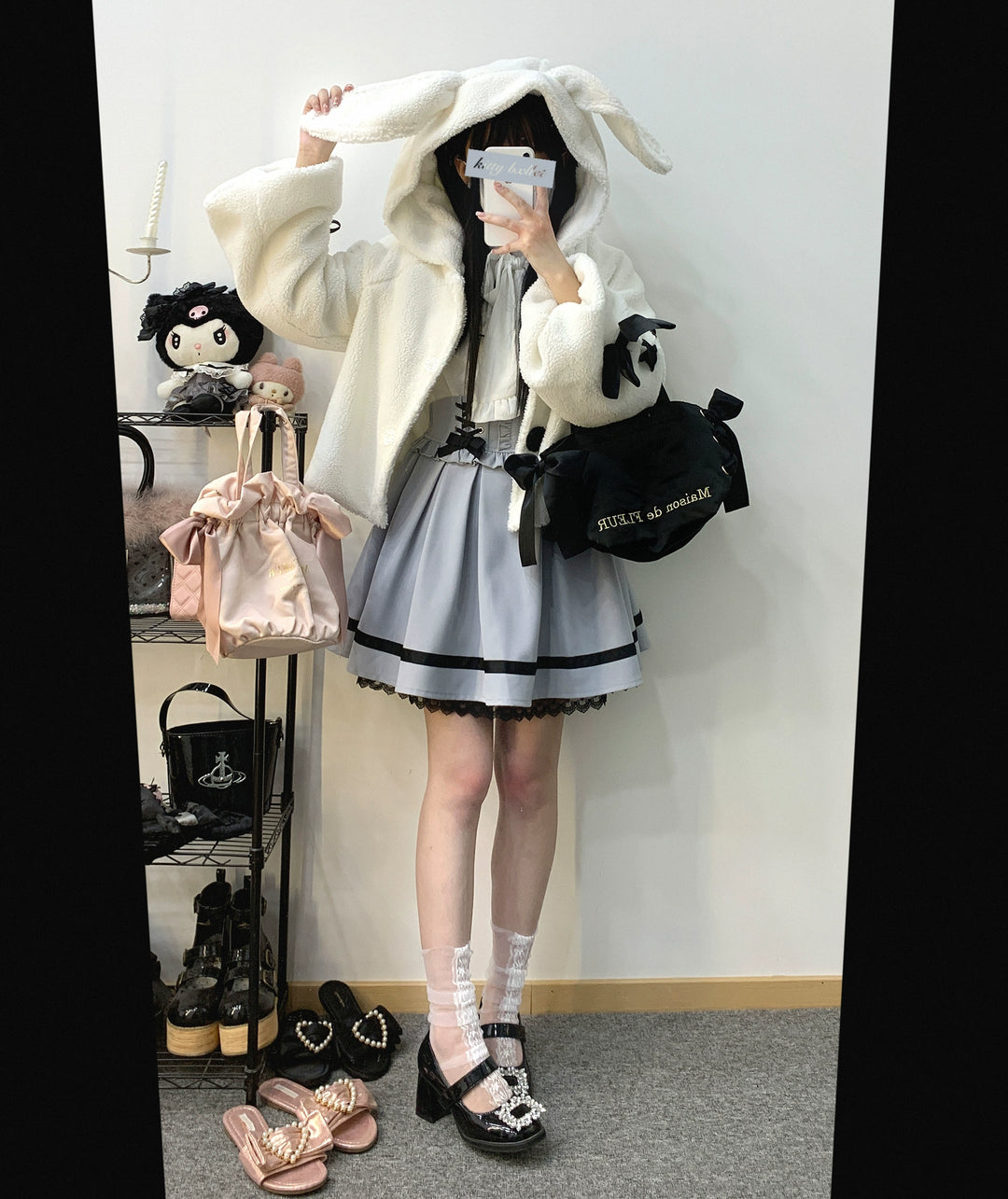 Jirai Kei Winter Coat White Black Plush Jacket With Rabbit Ear 31854:372628 31854:372628