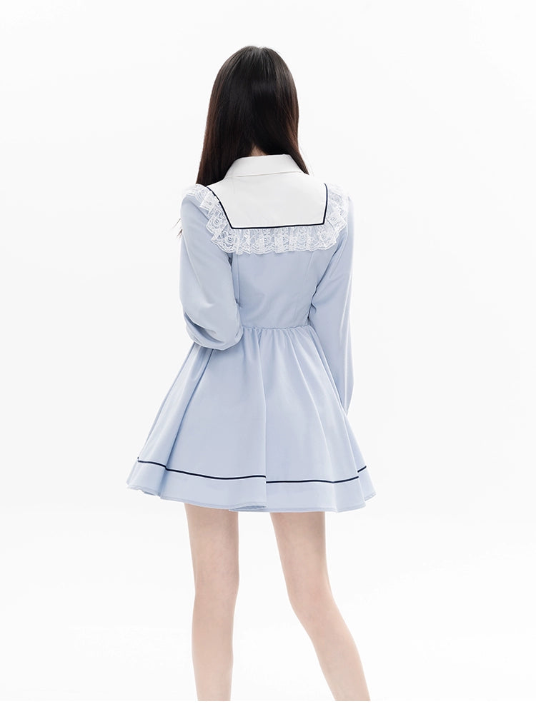 Kawaii French Style Light Blue Long Sleeve Ribbon Dress 21990:325082 21990:325082