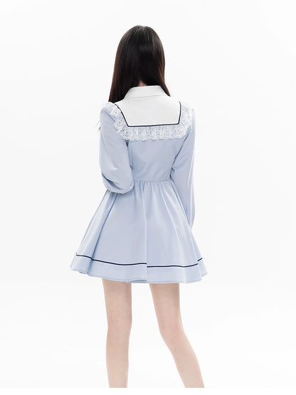 Kawaii French Style Light Blue Long Sleeve Ribbon Dress 21990:325082