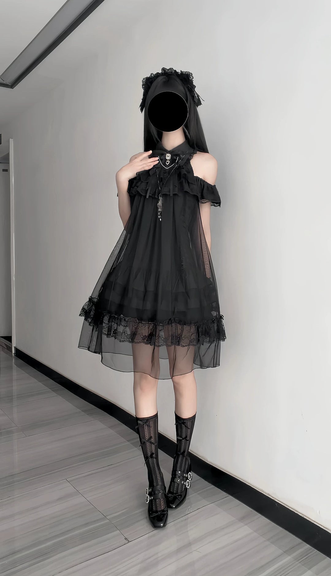 Seiso Kei Open Shoulder Dress, Black Tulle Overlay 45555:854178