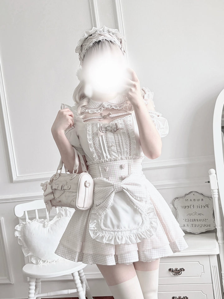 Jirai Kei Gingham Maid Blouse and Skirt Set, Detachable Apron 45659:858692