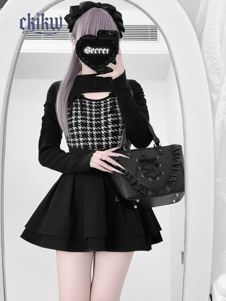 Jirai Kei Long Sleeves Sweater, Houndstooth Patterns 44154:797145