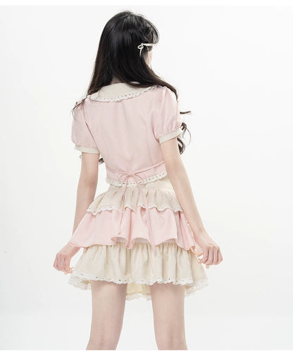 Kawaii Pink Outfit Set Sweet Tiered Skirt Set 37546:576782