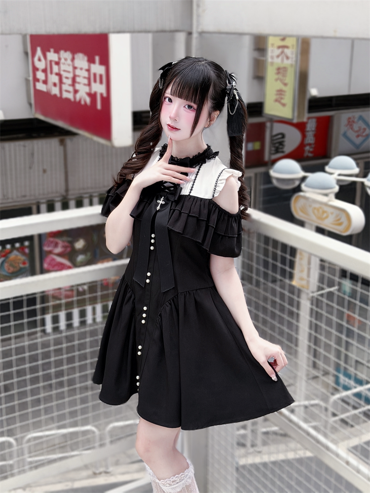 Jirai Kei Open Shoulder Dress, Layered Ruffle 44949:831317