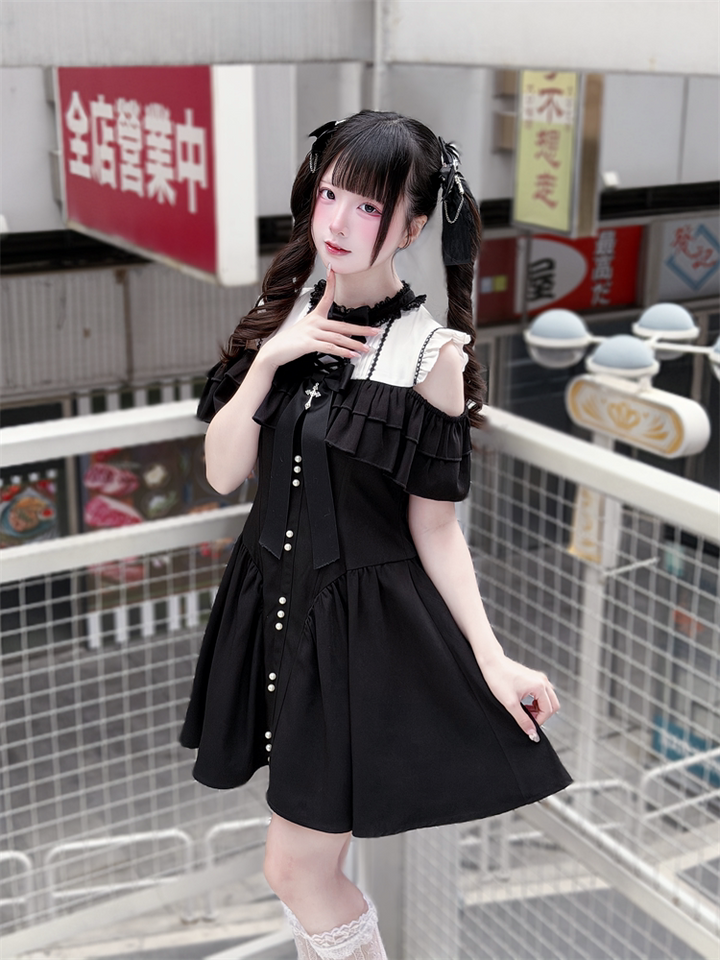 Jirai Kei Open Shoulder Dress, Layered Ruffle 44949:831317