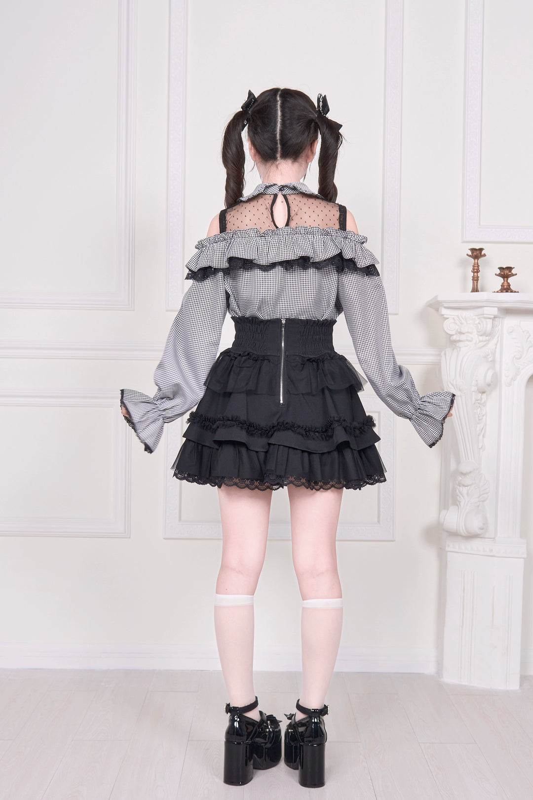 Sheer Open Shoulder Jirai Kei Blouse, Chest Flounce Hem 43682:782671