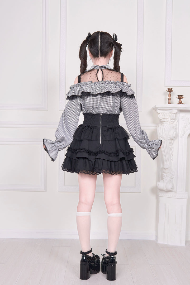Sheer Open Shoulder Jirai Kei Blouse, Chest Flounce Hem 43682:782671