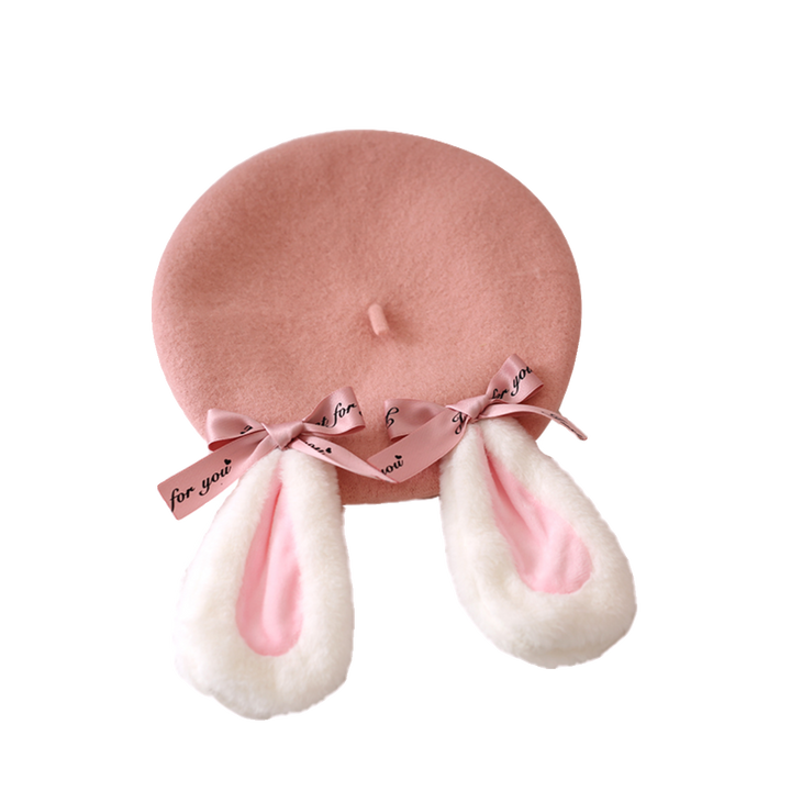 Jirai Kei Pink Hat Plush Rabbit Ear Bow Wool Beret 33804:447108 33804:447108