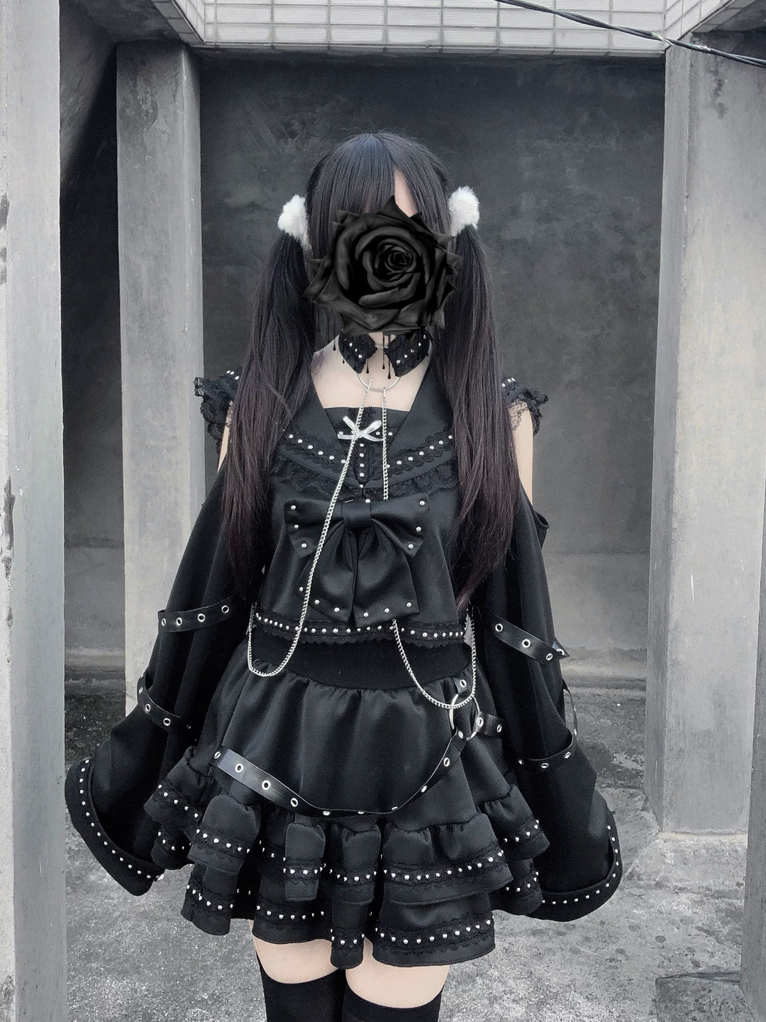 Subculture Black Top & Skirt Set, Snakeskin-Like Style 44771:827675