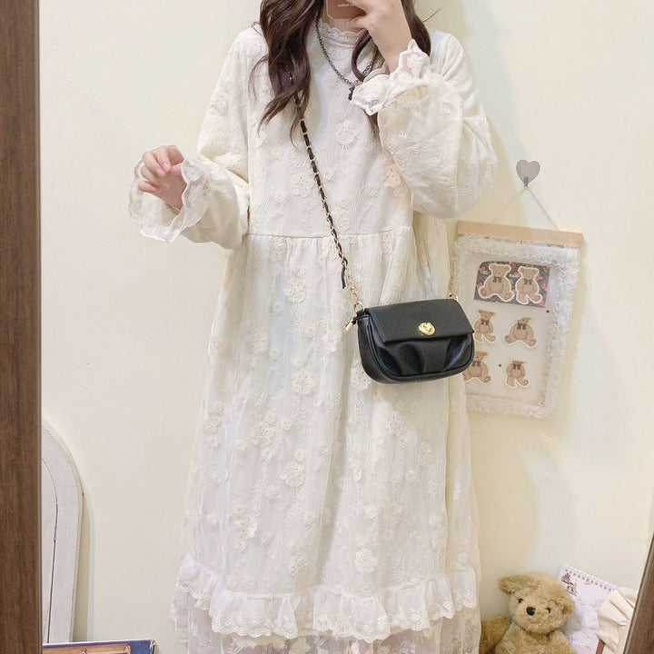 Mori Kei Dress Lace Long Sleeve Fleece-Lined Dress 39434:635824