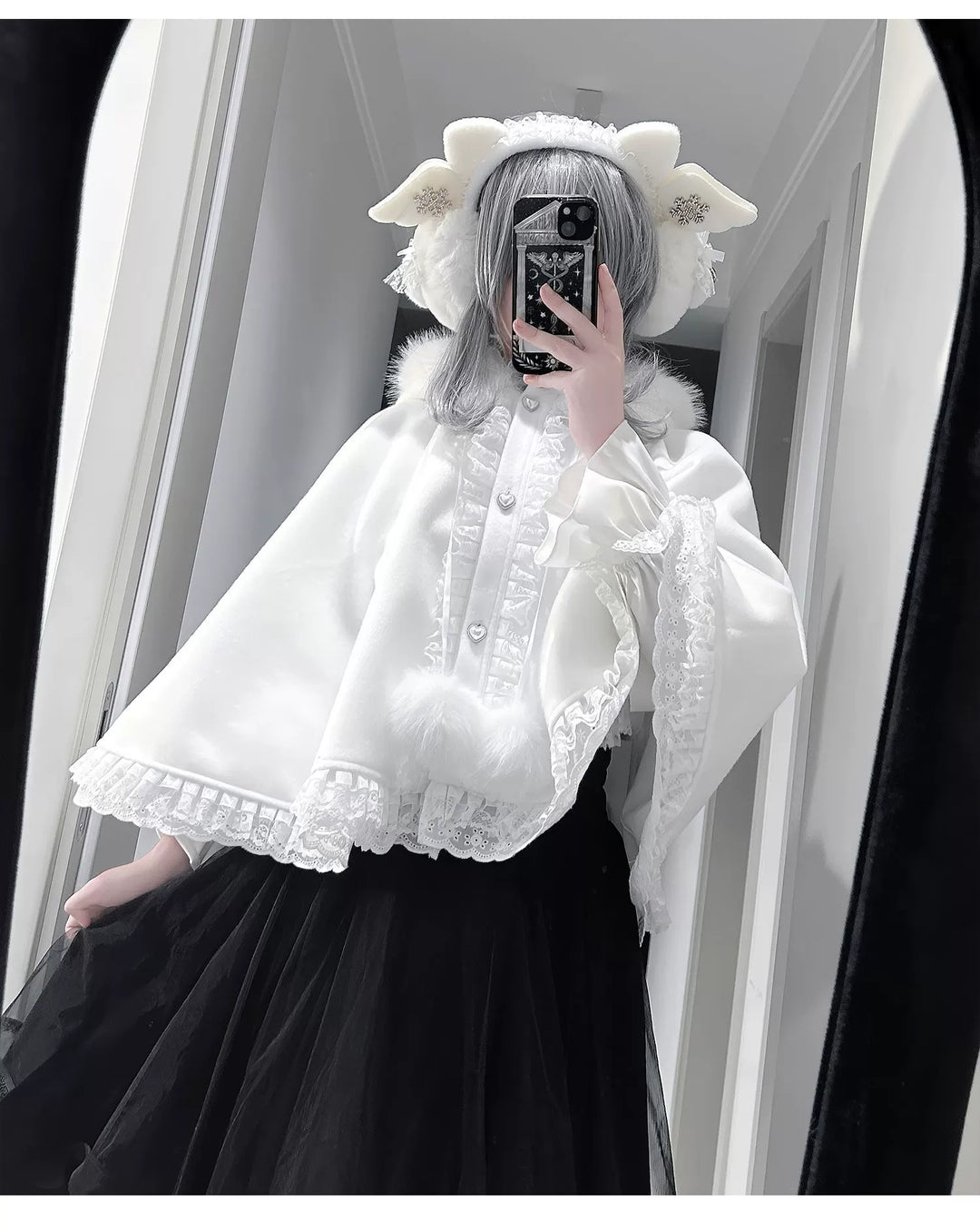 Jirai Kei Winter Cape, Lace Blouse, High-Waist Skirt 44199:808472